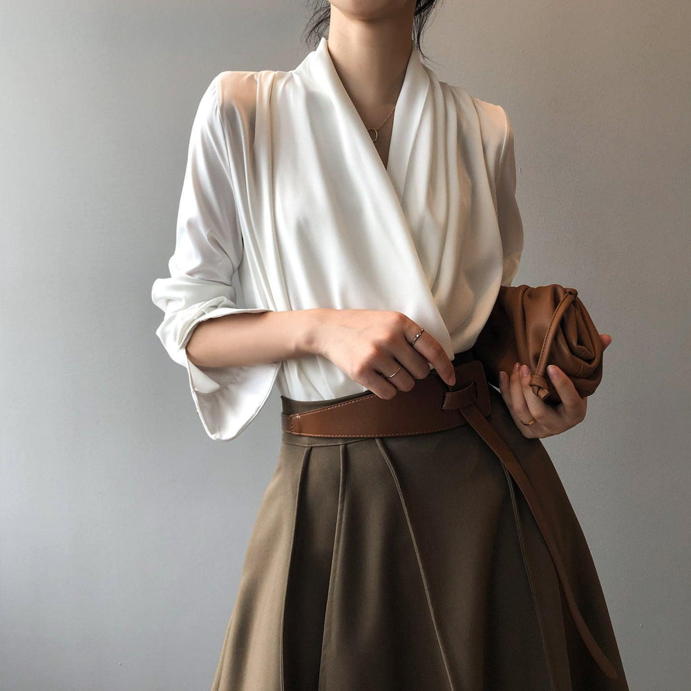 Timeless V-neck Satin Woven Blouse, Silk Satin Long Sleeves Shirt, Women Smart Casual Silky Top, Green Sleeve Blouse, Any Occassion, Gift - Alexel Crafts