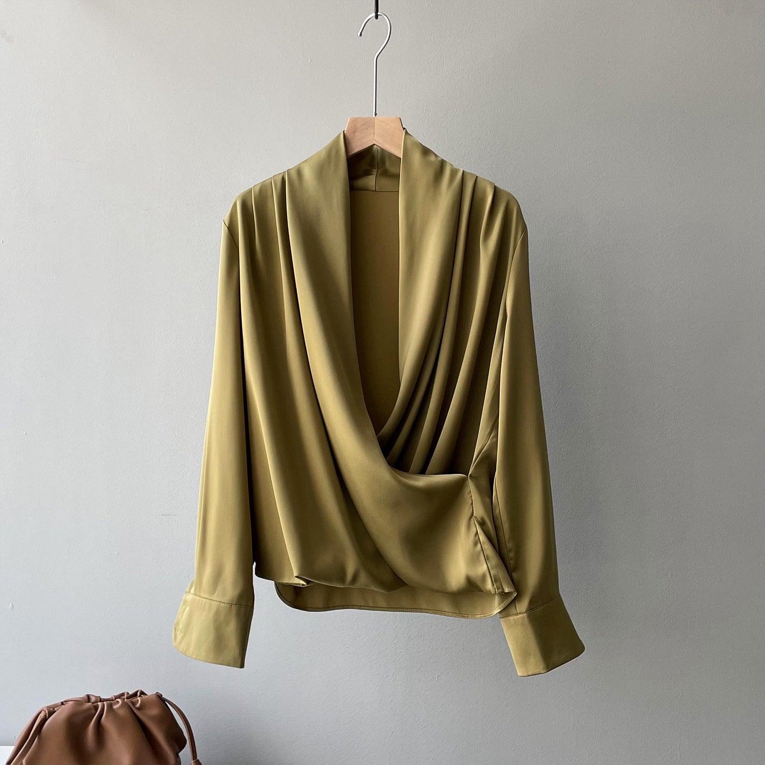 Timeless V-neck Satin Woven Blouse, Silk Satin Long Sleeves Shirt, Women Smart Casual Silky Top, Green Sleeve Blouse, Any Occassion, Gift - Alexel Crafts