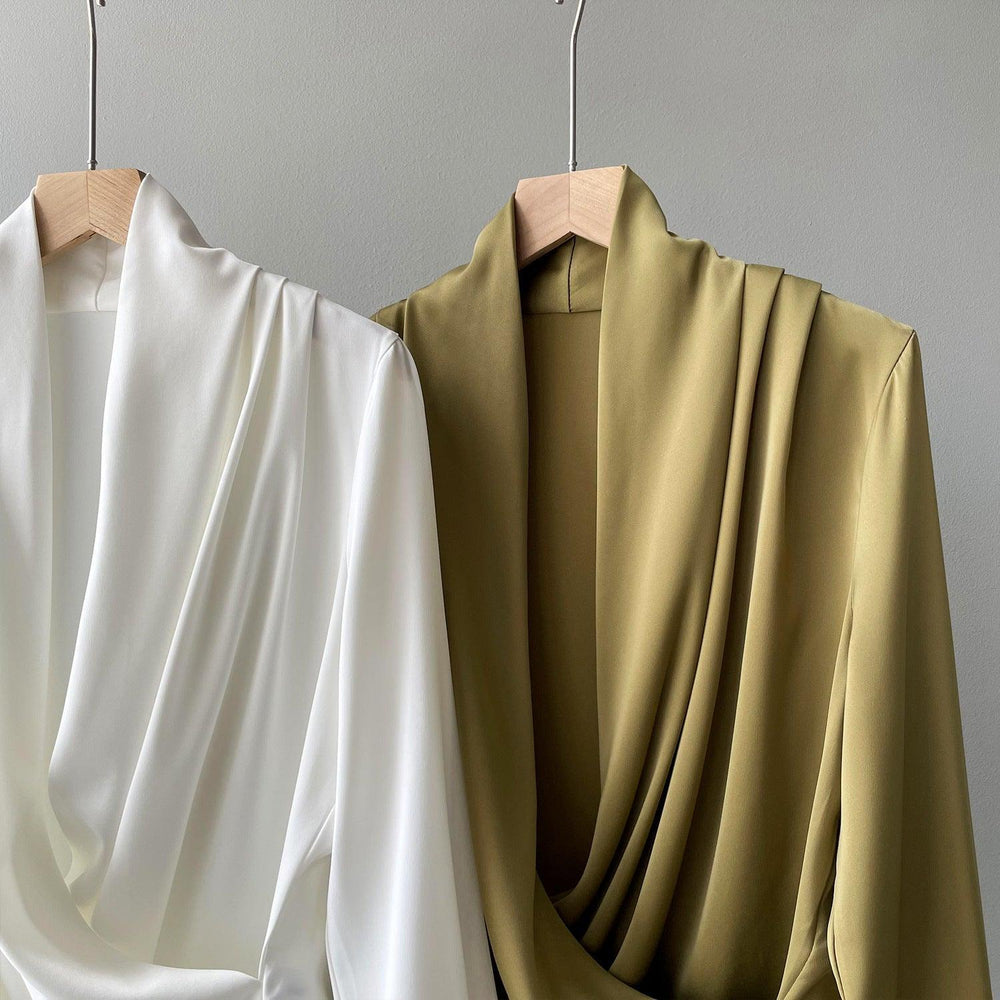 Timeless V-neck Satin Woven Blouse, Silk Satin Long Sleeves Shirt, Women Smart Casual Silky Top, Green Sleeve Blouse, Any Occassion, Gift - Alexel Crafts