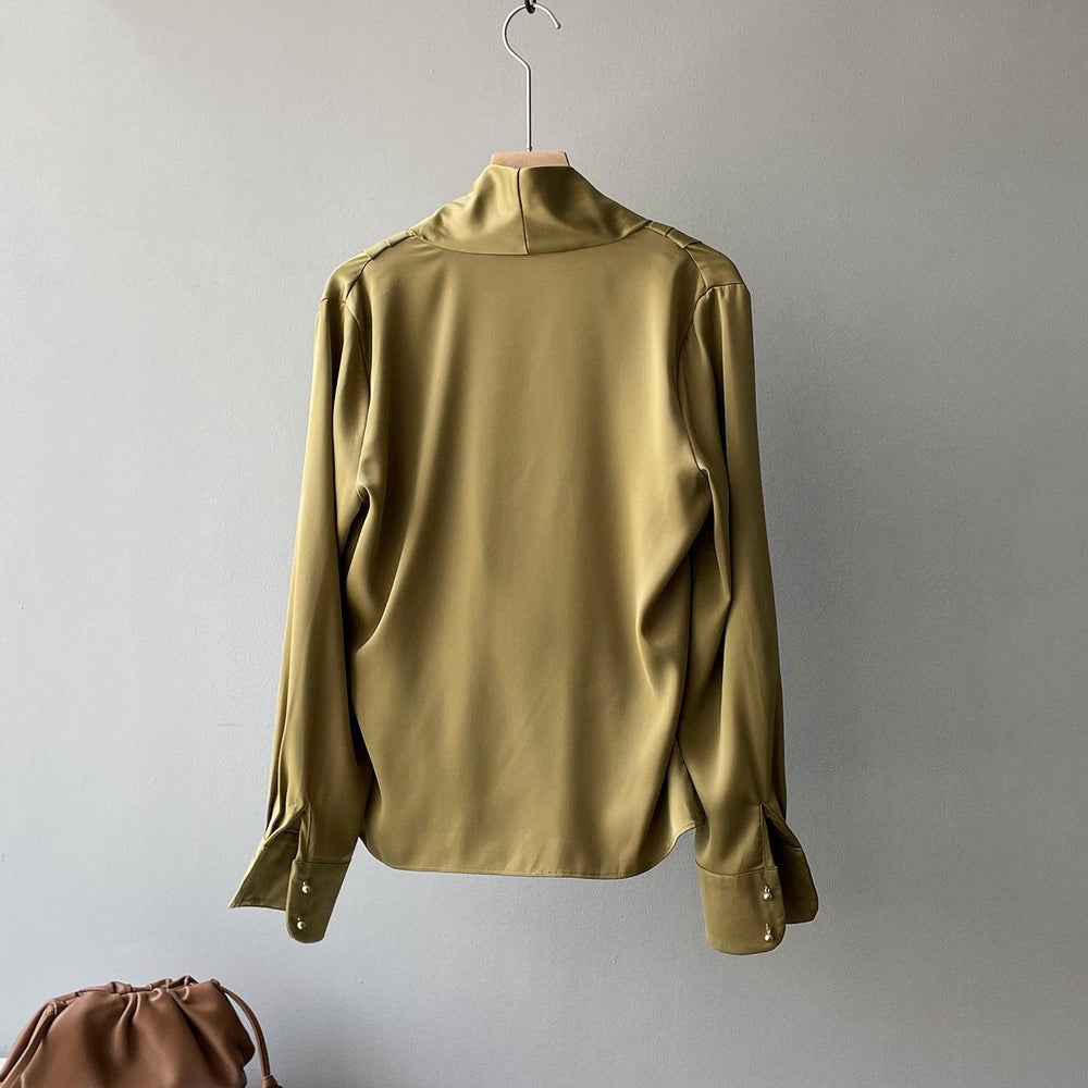 Timeless V-neck Satin Woven Blouse, Silk Satin Long Sleeves Shirt, Women Smart Casual Silky Top, Green Sleeve Blouse, Any Occassion, Gift - Alexel Crafts