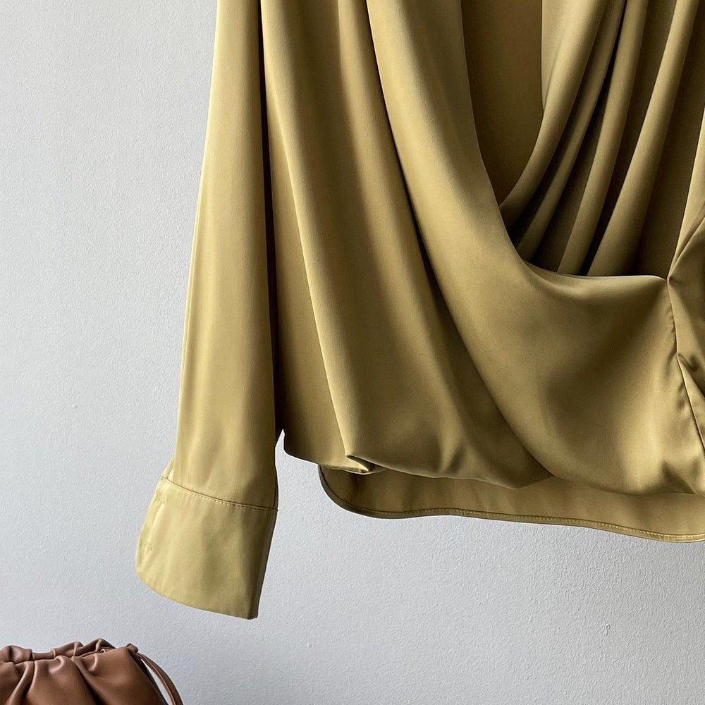 Timeless V-neck Satin Woven Blouse, Silk Satin Long Sleeves Shirt, Women Smart Casual Silky Top, Green Sleeve Blouse, Any Occassion, Gift - Alexel Crafts