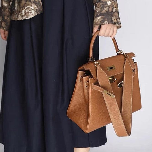 Togo Leather Brand Inspired Bag Gold Tone and Silver Tone, Must-have Leather Designer Bag, Luxury Classic Shoulder Bag, Wide Shoulder Strap - Alexel Crafts