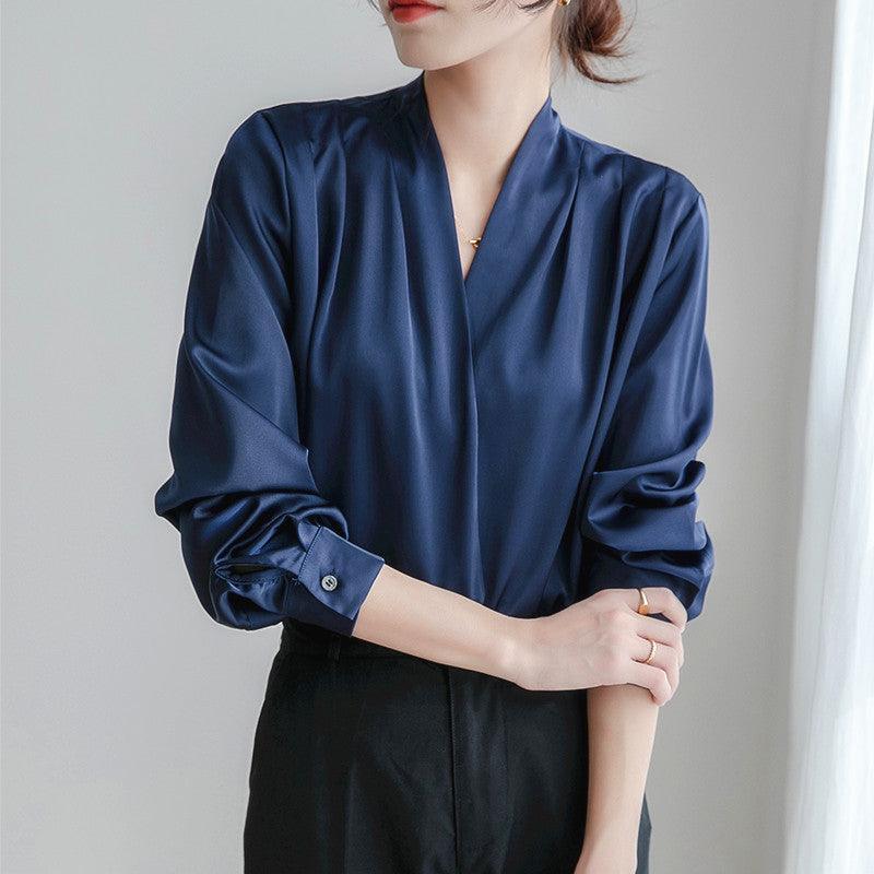 V-neck Satin Woven Blouse in French-Inspired Loose-Fit Design - Alexel Crafts