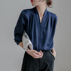 V-neck Satin Woven Blouse in French-Inspired Loose-Fit Design - Alexel Crafts