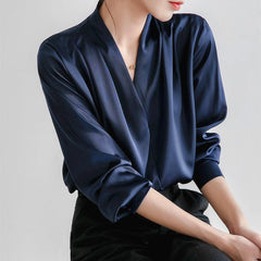 V-neck Satin Woven Blouse in French-Inspired Loose-Fit Design - Alexel Crafts