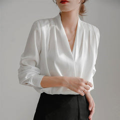 V-neck Satin Woven Blouse in French-Inspired Loose-Fit Design - Alexel Crafts