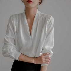 V-neck Satin Woven Blouse in French-Inspired Loose-Fit Design - Alexel Crafts