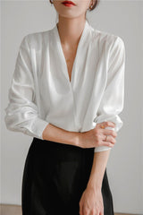 V-neck Satin Woven Blouse in French-Inspired Loose-Fit Design - Alexel Crafts