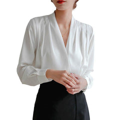 V-neck Satin Woven Blouse in French-Inspired Loose-Fit Design - Alexel Crafts