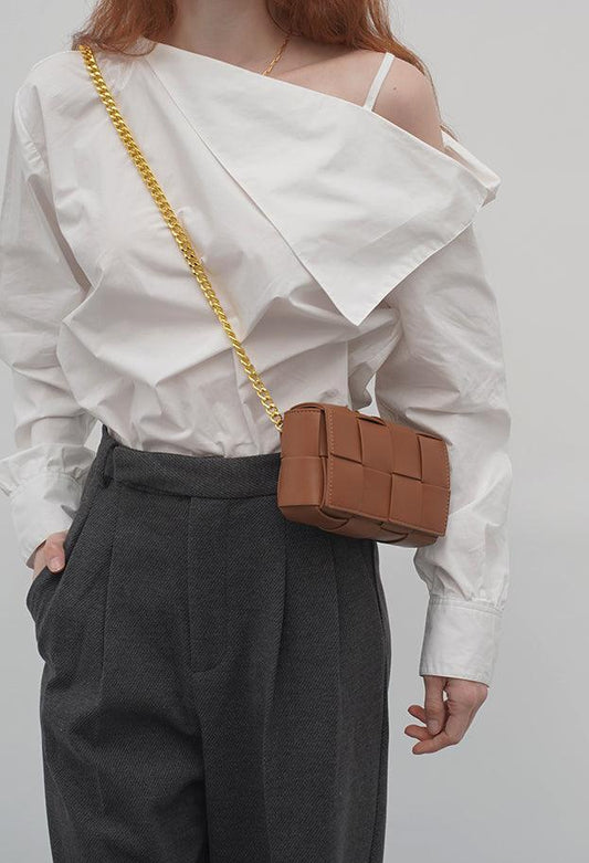 Versatile Calfskin Leather Squared Woven Bag with Interchangeable Gold Chain and Leather Straps, Minimalist Crossbody Bag, Waist Bag - Alexel Crafts