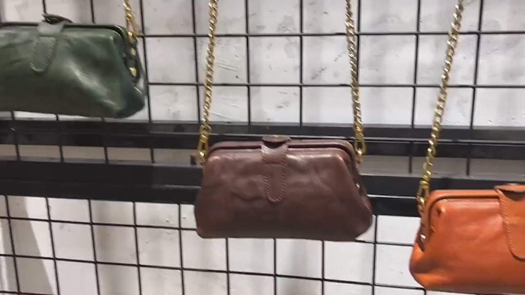 Italy Cowhide Leather Doctor Bag, Small Vintage Gold Chain Shoulder Bag, Handmade Doctor Bag, Small Leather Phone Purse, Christmas Gift