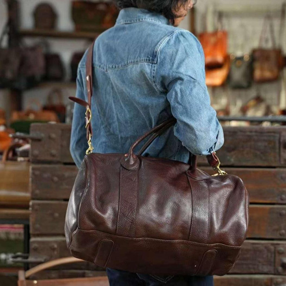 17 inch Hunter Black Brown Leather Weekend Bag, Women Leather Duffle Bag, Mens Travel Bag, Carry-On Bag, Leather Luggage, Leather Gym Bag