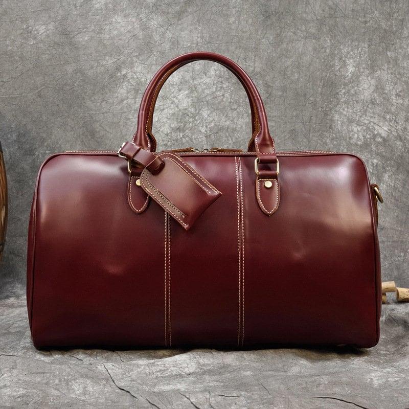 20 inches Leather Duffle Bag, Wine Red Travel Bag, Mens/Women's Leather Weekender Bag, Overnight Bag Full Grain Leather Holdall, Gym Bag