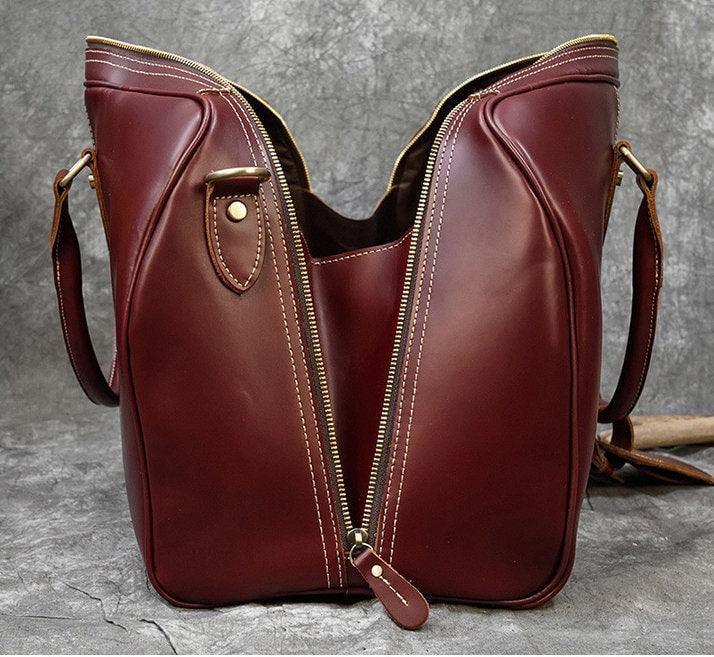 20 inches Leather Duffle Bag, Wine Red Travel Bag, Mens/Women's Leather Weekender Bag, Overnight Bag Full Grain Leather Holdall, Gym Bag