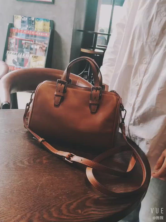 Small vintage leather Boston bag European American popular style crossbody bag travel Gift For Her Shoulder bag