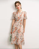 100% Mulberry Silk Midi Dress Floral, Embroidered Dress, Fashion Runway Summer Dress
