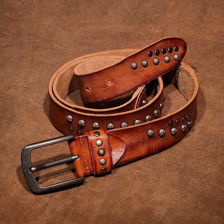 Biker Brown Handmade Leather Belt , Design Embossed with Motorcycle Gear Rivets and Vintage Finish, Perfect Gift For Him, Full Grain Leather