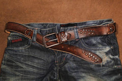 Biker Brown Handmade Leather Belt , Design Embossed with Motorcycle Gear Rivets and Vintage Finish, Perfect Gift For Him, Full Grain Leather