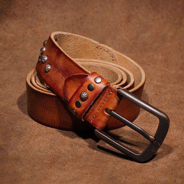 Biker Brown Handmade Leather Belt , Design Embossed with Motorcycle Gear Rivets and Vintage Finish, Perfect Gift For Him, Full Grain Leather