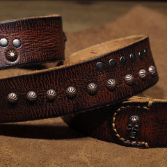 Biker Brown Handmade Leather Belt , Design Embossed with Motorcycle Gear Rivets and Vintage Finish, Perfect Gift For Him, Full Grain Leather