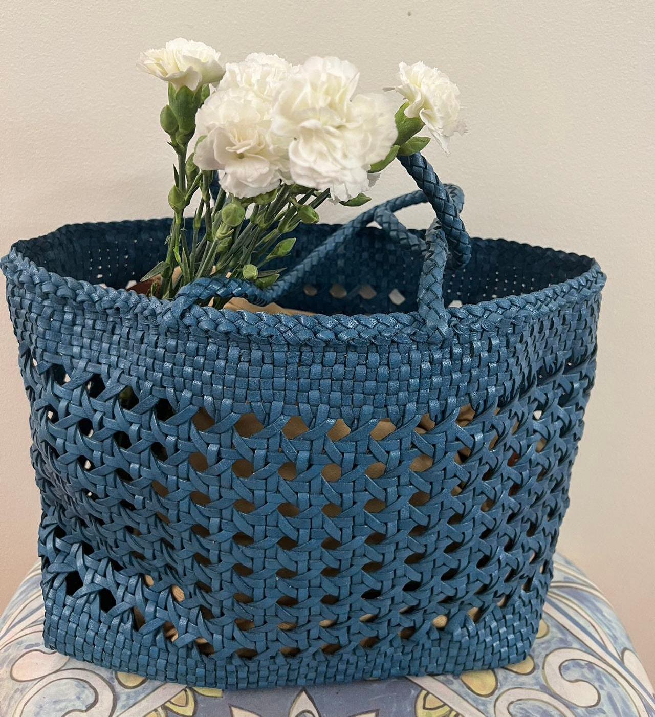 Blue Genuine Leather Hand Woven Cuboid Shaped Ladies TOTE, Open Rattan Woven Triple Jump Bamboo Ladies Hobo Holiday Bag, Beach Basket Bag
