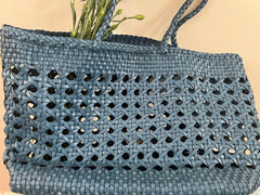 Blue Genuine Leather Hand Woven Cuboid Shaped Ladies TOTE, Open Rattan Woven Triple Jump Bamboo Ladies Hobo Holiday Bag, Beach Basket Bag
