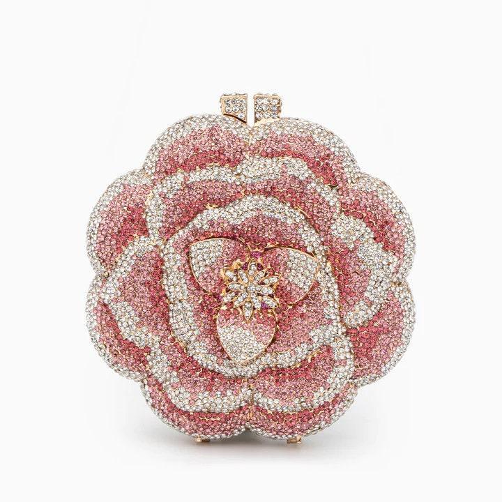 Bridal Wedding Clutch, Handcrafted Flower Clutch Bag Rhinestone Floral Party Bag, Floral Crystal Rhinestone Shoulder Bag, Luxury Evening Bag, Pink