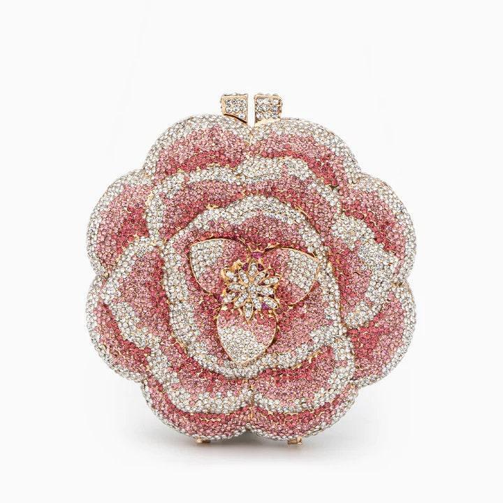 Bridal Wedding Clutch, Handcrafted Flower Clutch Bag Rhinestone Floral Party Bag, Floral Crystal Rhinestone Shoulder Bag, Luxury Evening Bag, Pink