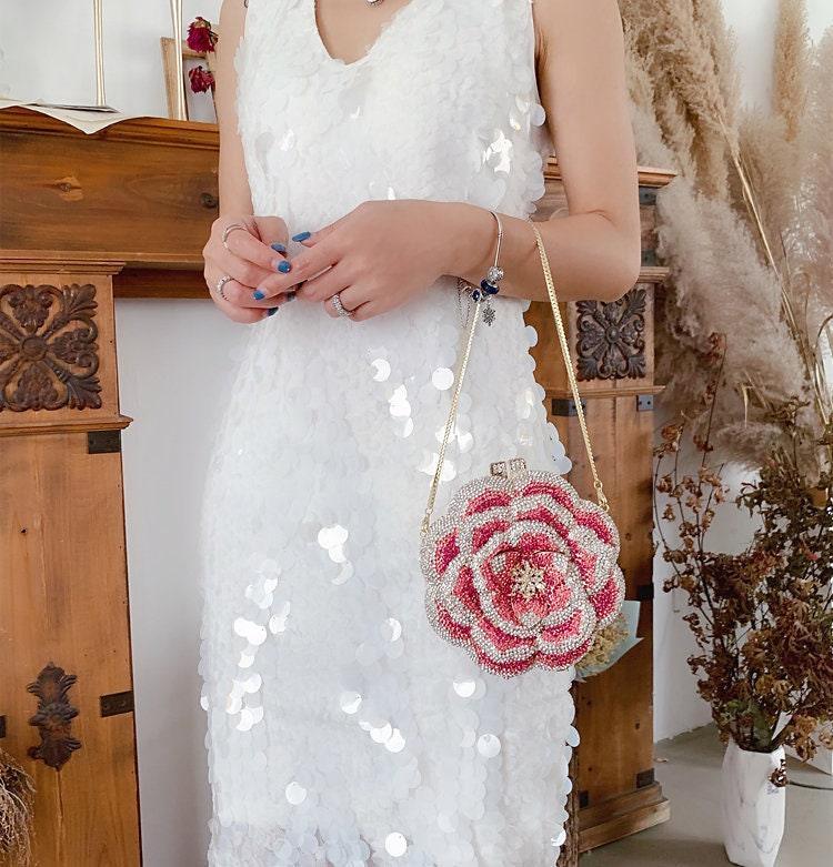 Bridal Wedding Clutch, Handcrafted Flower Clutch Bag Rhinestone Floral Party Bag, Floral Crystal Rhinestone Shoulder Bag, Luxury Evening Bag