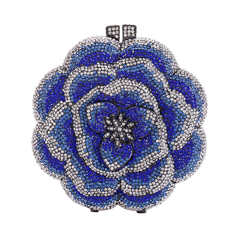 Bridal Wedding Clutch, Handcrafted Flower Clutch Bag Rhinestone Floral Party Bag, Floral Crystal Rhinestone Shoulder Bag, Luxury Evening Bag, blue