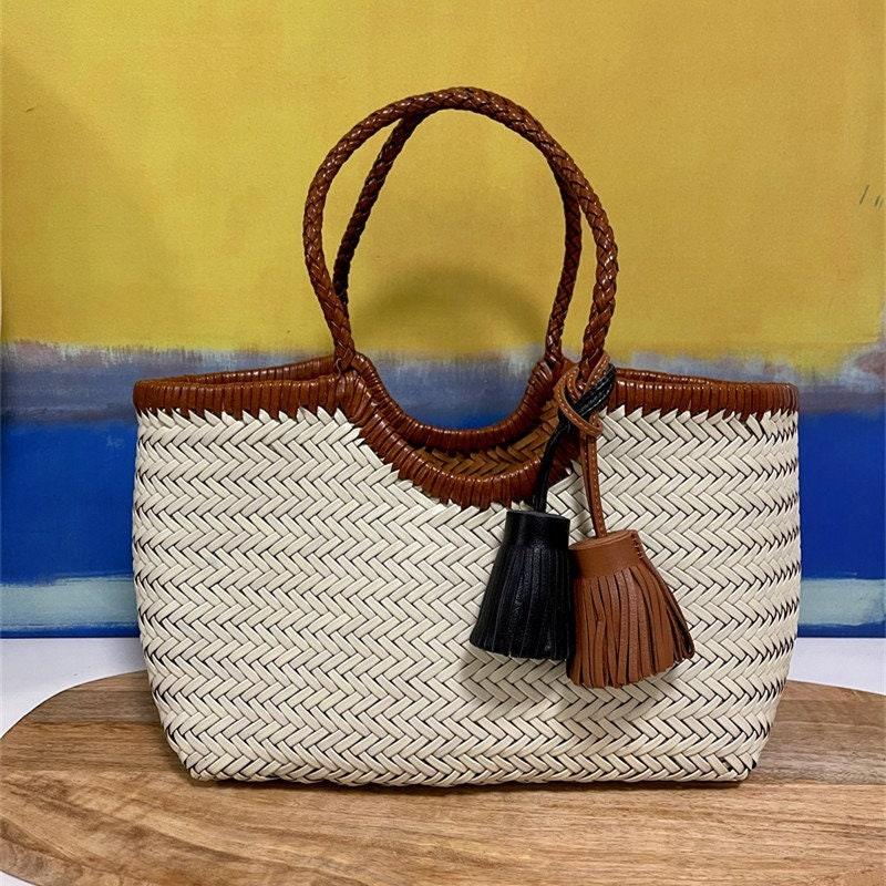 Brown White Handcrafted Cowhide Leather Summer Woven Bag, Woven Triple Jump Bamboo Style HandBag, Woven Beach Bag, Leather Basket Bag