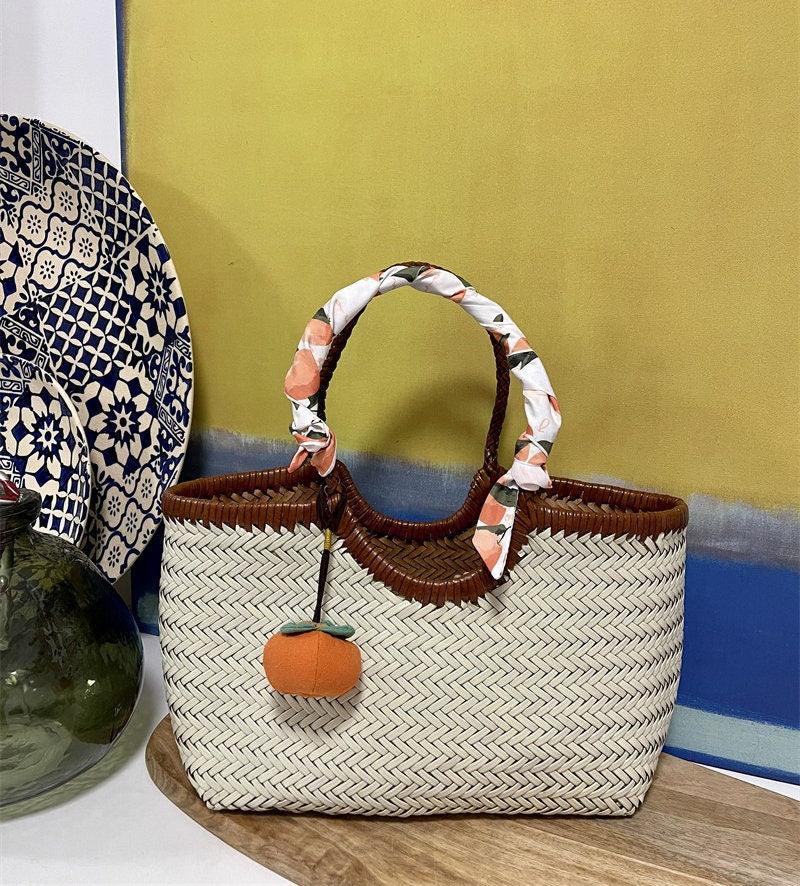 Brown White Handcrafted Cowhide Leather Summer Woven Bag, Woven Triple Jump Bamboo Style HandBag, Woven Beach Bag, Leather Basket Bag