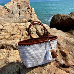 Brown White Handcrafted Cowhide Leather Summer Woven Bag, Woven Triple Jump Bamboo Style HandBag, Woven Beach Bag, Leather Basket Bag