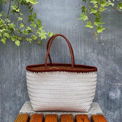 Brown White Handcrafted Cowhide Leather Summer Woven Bag, Woven Triple Jump Bamboo Style HandBag, Woven Beach Bag, Leather Basket Bag