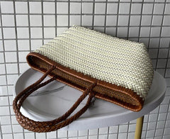 Brown White Handcrafted Cowhide Leather Summer Woven Bag, Woven Triple Jump Bamboo Style HandBag, Woven Beach Bag, Leather Basket Bag