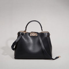 Calfskin Leather Bag 2Way, Designer Bag, Italian Leather Twist-Lock Top Handle Bag, ClassicShoulder Bag, Luxury Genuine Leather Tote, Black