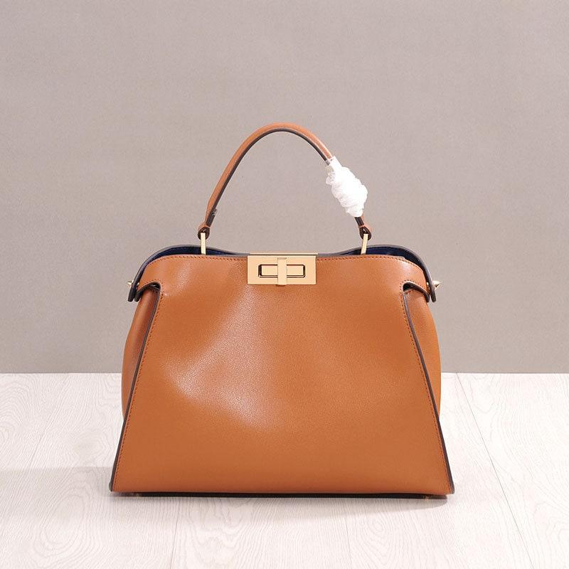 Calfskin Leather Bag 2Way, Designer Bag, Italian Leather Twist-Lock Top Handle Bag, ClassicShoulder Bag, Luxury Genuine Leather Tote, Tan