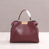 Calfskin Leather Bag 2Way, Designer Bag, Italian Leather Twist-Lock Top Handle Bag, ClassicShoulder Bag, Luxury Genuine Leather Tote, Wine