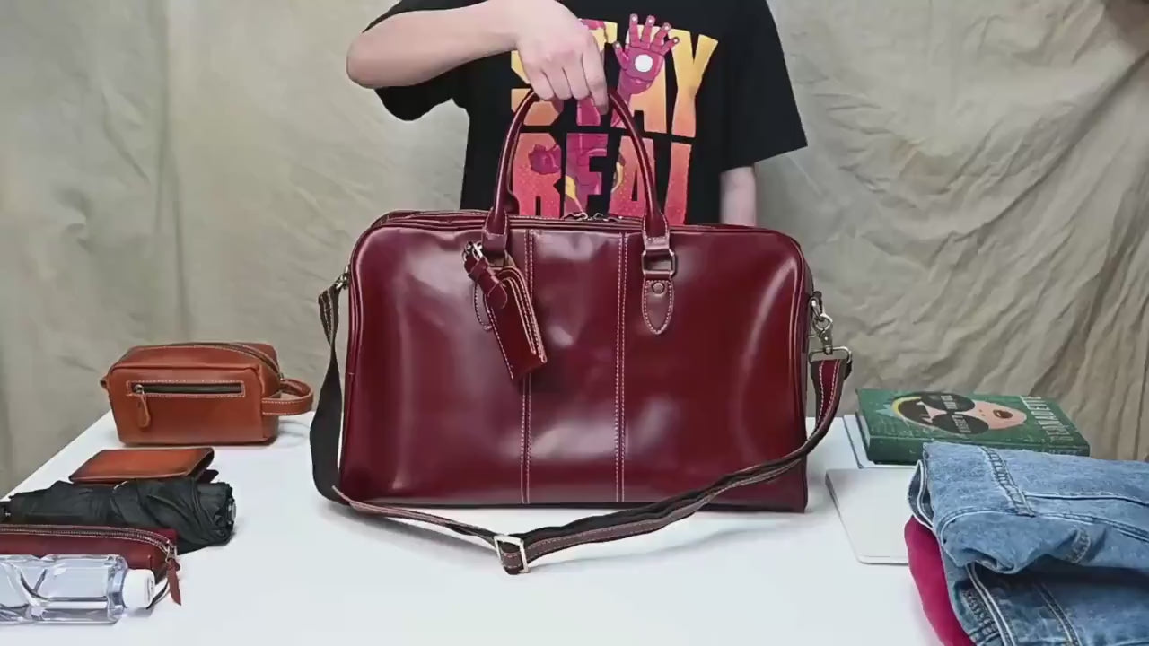 20 inches Leather Duffle Bag, Wine Red Travel Bag, Mens/Women's Leather Weekender Bag, Overnight Bag Full Grain Leather Holdall, Gym Bag
