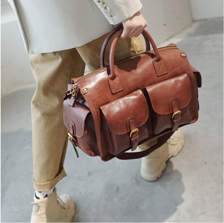 Chestnut Leather Duffle, Leather Boston Weekender Travel Bag, Leather Luggage Carry on Baggage Vegetable Tanned Gym Bag Women/Men Bag