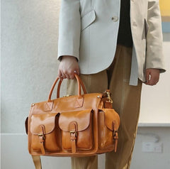 Chestnut Leather Duffle, Leather Boston Weekender Travel Bag, Leather Luggage Carry on Baggage Vegetable Tanned Gym Bag Women/Men Bag