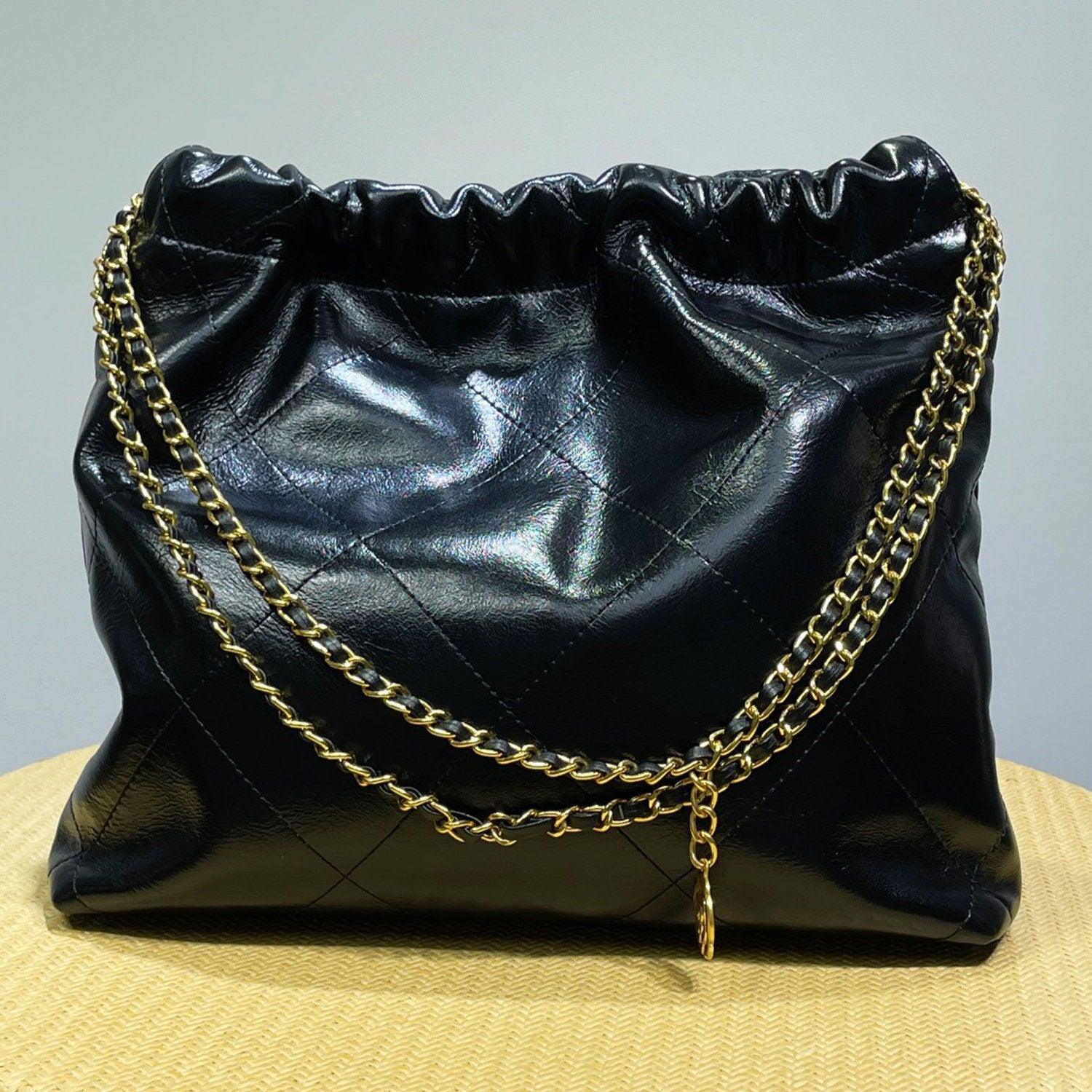 Classic CALFSKIN Leather Shoulder Bag Large, Gold Tone Chain Elegant Tote, Minimalist Quilted Shopping Bag, Timeless Designer Fashion Bag