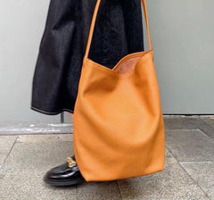 Classic Leather Bucket Bag, Minimalist Minimalist Leather Tote Bag, Fashion Designer Bag, Tan Mummy Bag, Everyday Bag, Gift For Her