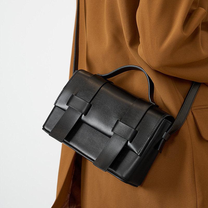 Classic Small Leather Shoulder Bag, Intrecciato Leather Box Bag, Classic Soft Leather Black Casual Bag, Woven Purse, Fashion Unisex Gift