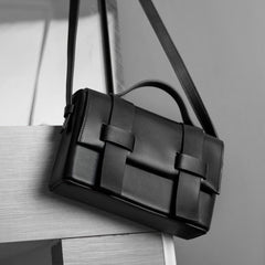 Classic Small Leather Shoulder Bag, Intrecciato Leather Box Bag, Classic Soft Leather Black Casual Bag, Woven Purse, Fashion Unisex Gift
