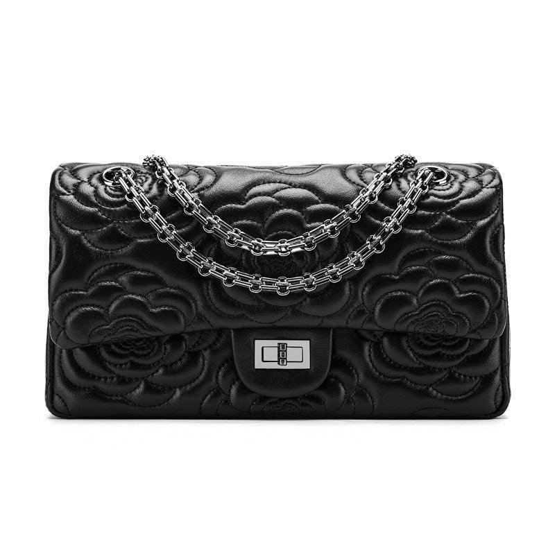 Classic Style XL Camellia Genuine Leather Shoulder Bag, Minimalist Bag, Iconic Black Crossbody Bag, Quilted Elegant Bag, Eternal Fashion Bag