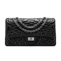 Classic Style XL Camellia Genuine Leather Shoulder Bag, Minimalist Bag, Iconic Black Crossbody Bag, Quilted Elegant Bag, Eternal Fashion Bag