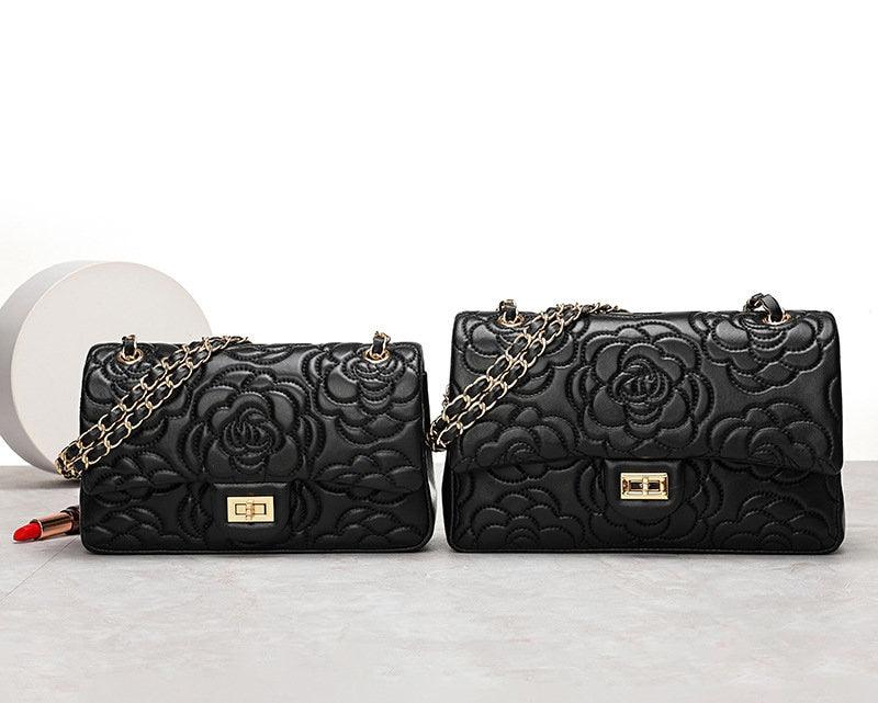 Classic Style XL Camellia Genuine Leather Shoulder Bag, Minimalist Bag, Iconic Black Crossbody Bag, Quilted Elegant Bag, Eternal Fashion Bag