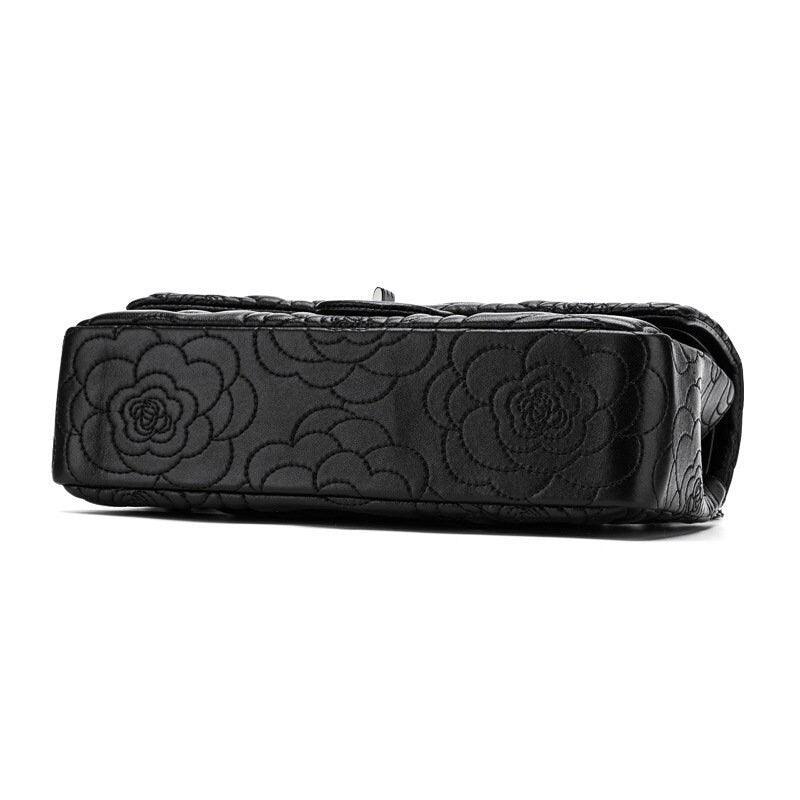 Classic Style XL Camellia Genuine Leather Shoulder Bag, Minimalist Bag, Iconic Black Crossbody Bag, Quilted Elegant Bag, Eternal Fashion Bag