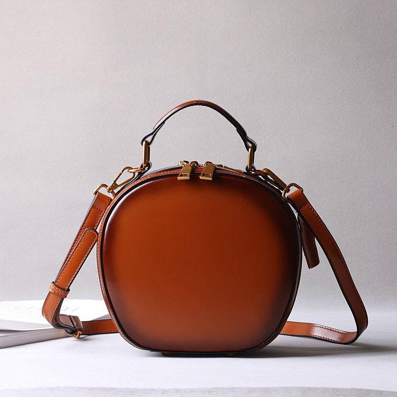 Cowhide Bags, Leather Women's Bags, Retro Bags, Shoulder Messenger Bags, Handbags, Fashionable Round Bags